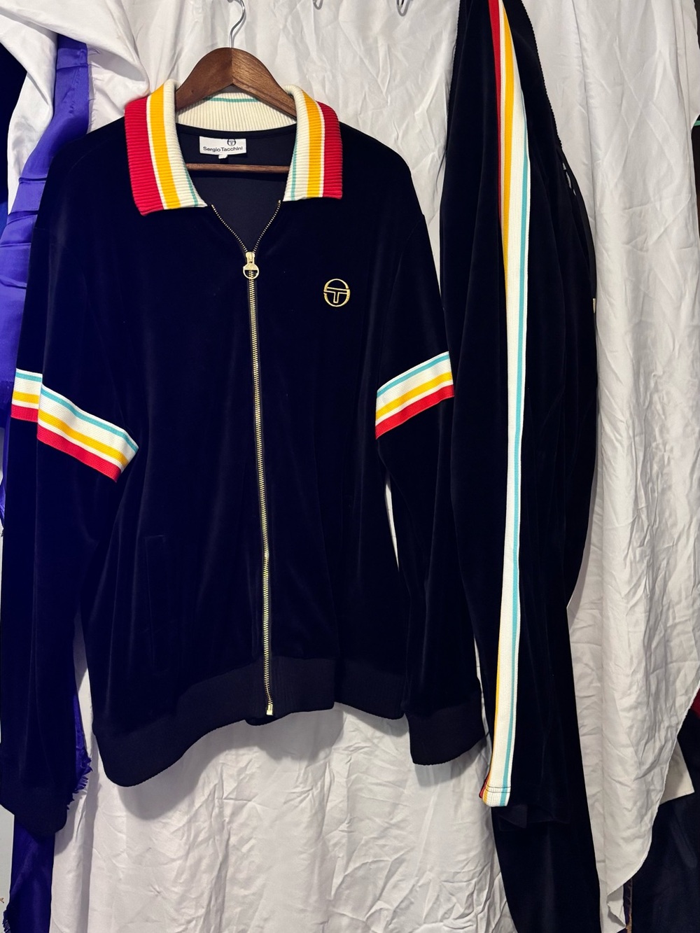 Sergio Tacchini Black Velour Track Jacket with Rainbow Stripe Trim